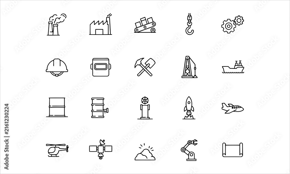 Fototapeta premium Set of 20 icons related to heavy industry, aerospace, shipbuilding, production, mining, industrial.