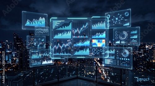 Futuristic data visualization displays over a city skyline showcasing analytics and digital graphs at night.