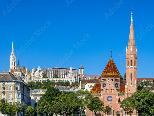 View of the Buda district in Budapest, Hungary, with the  Szilágyi Dezső Square Reformed Church in the foreground