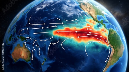 earth oceans pacific with climate change currents distribution and El Nino phenomenon visualized by heat map and arrows.