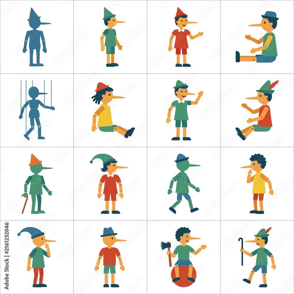 Fototapeta premium Collection of Pinocchio Characters with Long Noses.
