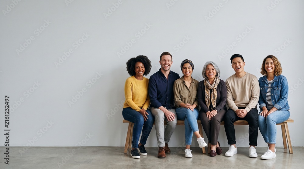 Fototapeta premium Diverse group of six people of various ages and ethnicities sitting together on a bench smiling