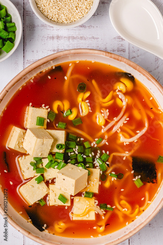 Fotografie Spicy miso soup with tofu and bean sprouts
