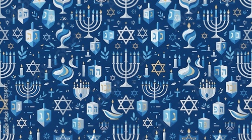 A contemporary illustration featuring a seamless pattern of stylized Hanukkah symbols like menorahs, dreidels, and Stars of David in a modern color palette. 