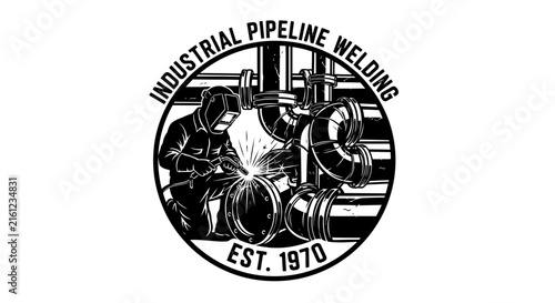 Industrial Pipeline Welding Est. 1970 Logo: Welder Working on Metal Pipes