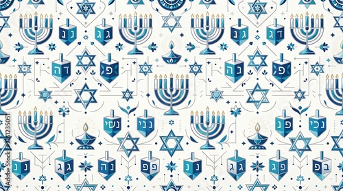 A contemporary illustration featuring a seamless pattern of stylized Hanukkah symbols like menorahs, dreidels, and Stars of David in a modern color palette. 