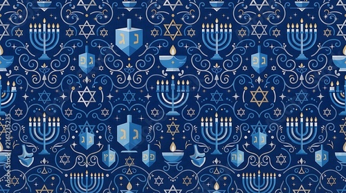 A contemporary illustration featuring a seamless pattern of stylized Hanukkah symbols like menorahs, dreidels, and Stars of David in a modern color palette. 