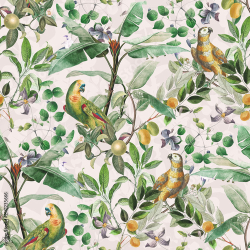 Plakat Yellow Parrots Decorative seamless pattern. Repeating background. Tileable wallpaper print.
