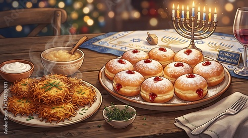 A mouth-watering illustration presents a delicious spread of traditional Hanukkah foods, including golden sufganiyot and crispy latkes with toppings. 