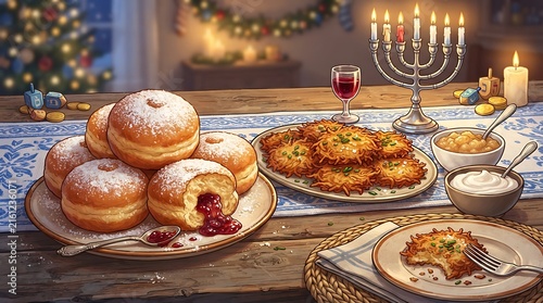 A mouth-watering illustration presents a delicious spread of traditional Hanukkah foods, including golden sufganiyot and crispy latkes with toppings. 