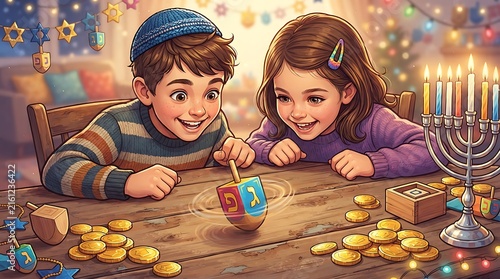 This vibrant illustration showcases two joyful children engrossed in a traditional Hanukkah dreidel game, surrounded by chocolate gelt coins. 