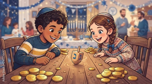 This vibrant illustration showcases two joyful children engrossed in a traditional Hanukkah dreidel game, surrounded by chocolate gelt coins. 