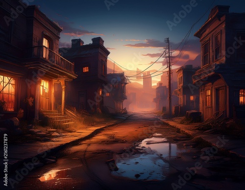 a desolate abandoned town at twilight with empty streets and wind rustling through cracked windows creating a haunting eerie calm