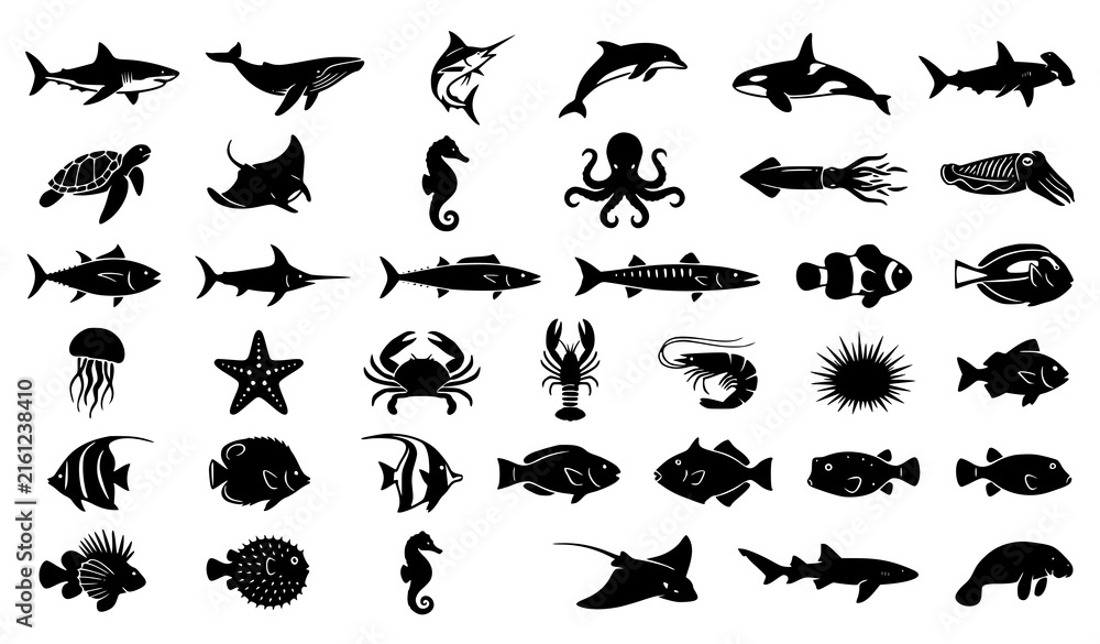 Fototapeta premium Marine animal silhouette vector icon set with shark tuna clownfish dolphin and marlin