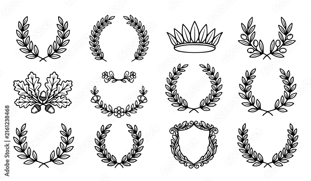 Fototapeta premium Laurel Wreath Crest Botanical Ornament Symbol Outline Black and White Vector Icons