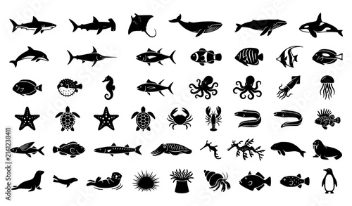 Photography Black marine life icon collection with shark tuna clownfish dolphin marlin and o