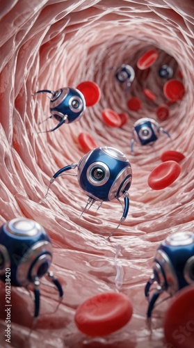 Medical Nanorobots Navigating Through Blood Vessel, Vertical Format