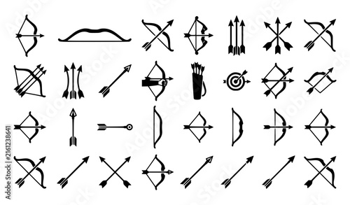 Bow and Arrow Black White Flat Vector Icon Collection