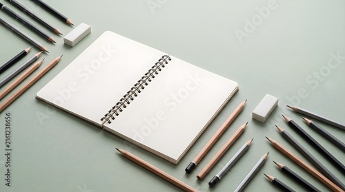 Top view of open blank spiral notebook with pencils and white erasers arranged neatly on sage green background