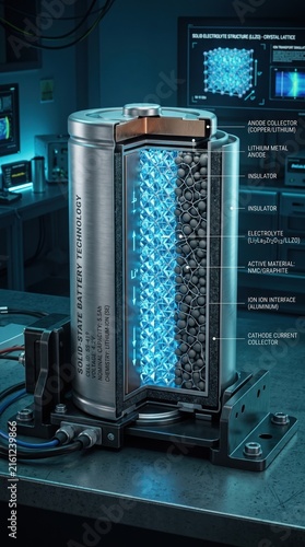Solid State Battery Cross Section With Crystalline Electrolyte, Vertical Format