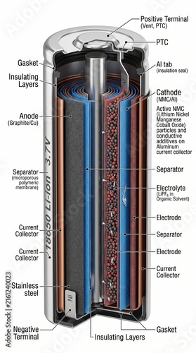 Lithium Ion Battery Cutaway Showing Internal Layers, Vertical Format