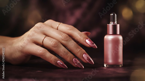 Woman holding pink nail polish bottle with painted nails