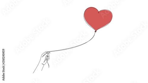 animated continuous line drawing of hand holding a string attached to red heart-shaped balloon, minimalist love, romance, hope and freedom line art animation