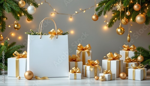 large white shopping bag surrounded by christmas gift boxes and oversized golden bows, pine branches and sparkling fairy lights, clean modern holiday advertisement