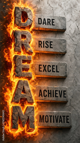 Inspirational 3D conceptual art showing the word dream in flaming stone letters paired with motivational words dare rise excel achieve and motivate on a cracked gray concrete wall