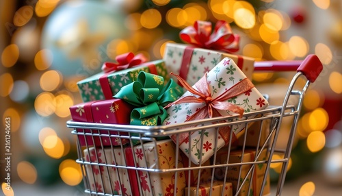 close up christmas shopping concept showing gift boxes overflowing from a shopping cart, focus on ribbons, bows and textured wrapping paper, background filled with soft golden bokeh