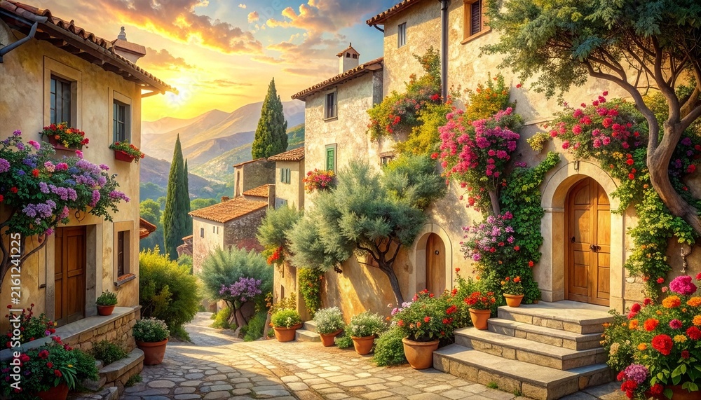 Fototapeta premium Vintage mural illustrating charming Mediterranean village streets