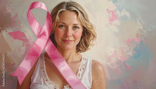 Pink ribbon symbolizing breast cancer awareness, woman smiling