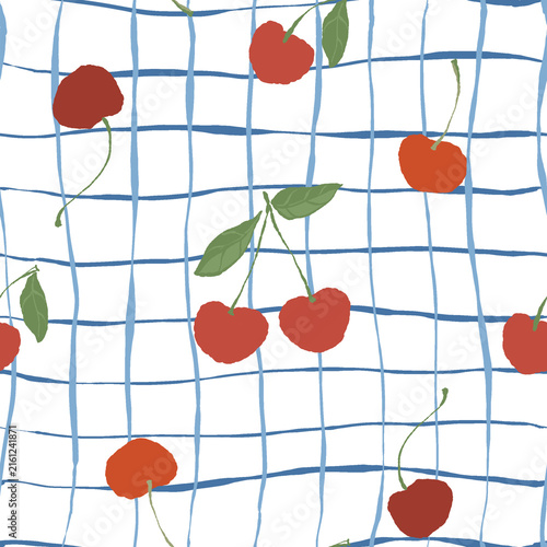 Fotografie Hand drawn cherry pattern with blue checkered grid on white background illustration