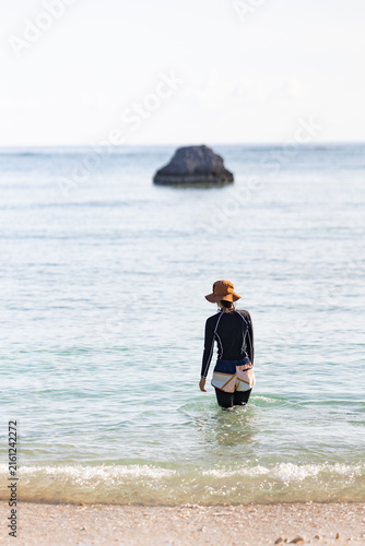 Woman Walking into the Calm Tropical Sea on a Sunny Day
晴れた日に穏やかな海へ歩いて入る女性の後ろ姿