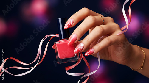 Hand holding red nail polish bottle with brush extended