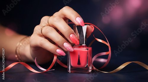 Hand holding red nail polish bottle, close-up