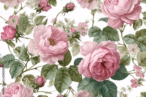 Pink rose floral pattern background. Vintage botanical wallpaper with blooming garden flowers.