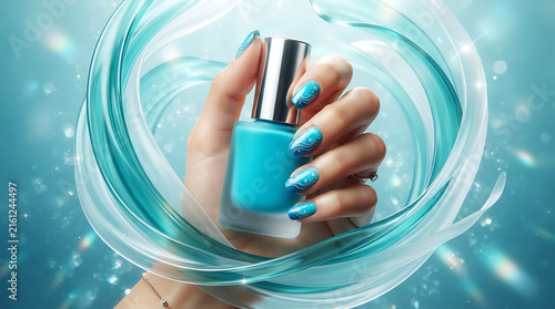Hand holding turquoise nail polish bottle, close-up