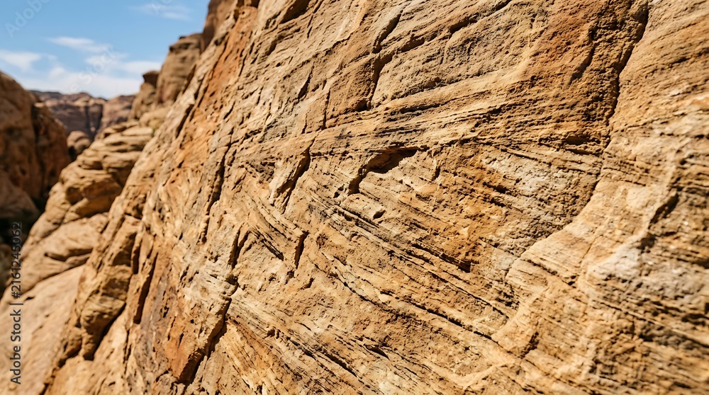 Fototapeta premium Dramatic layered sandstone canyon walls under blue sky.