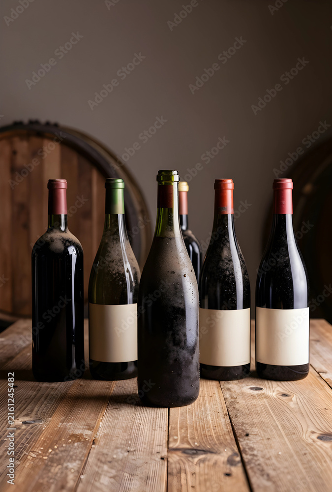 Naklejka premium Wine aging and cellar storage, dusty red wine bottles with blank labels on a rustic wooden table in a winery
