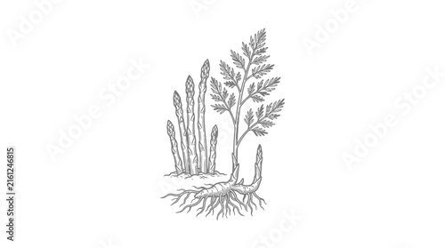 Vintage style asparagus plant sketch with roots.