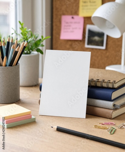 Blank Card Mockup Study Desk Books Bulletin Board