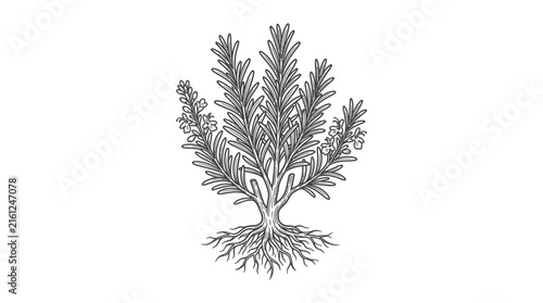 Rosemary herb plant with visible roots line art.