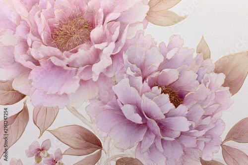 Pink peony floral pattern. Elegant watercolor flower background with gold glitter accents.