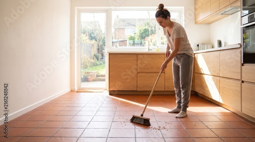 Young Adult Sweeping a Tiled Kitchen Floor During Home Cleaning