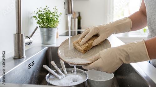 Close Up Hands Washing Ceramic Plates in a Modern Kitchen Sink