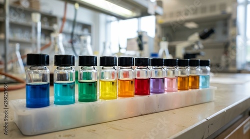 Row of glass laboratory vials filled with brightly tinted chemical solutions in a soft focus scientific research environment test tube laboratory science chemical solution liquid glass vial