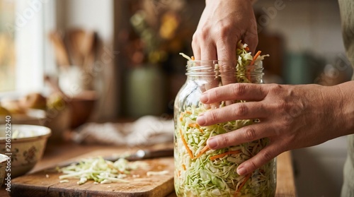 Gros plan de mains tassant du chou haché dans un bocal en verre. Concept de lactofermentation, choucroute maison et préparation de provisions pour l'hiver