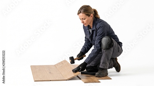 A woman wearing work clothes and knee pads is installing laminate flooring with a hammer.