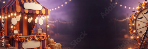 Spooky halloween carnival scene with glowing lights and a ferris wheel at night in a mysterious atmosphere